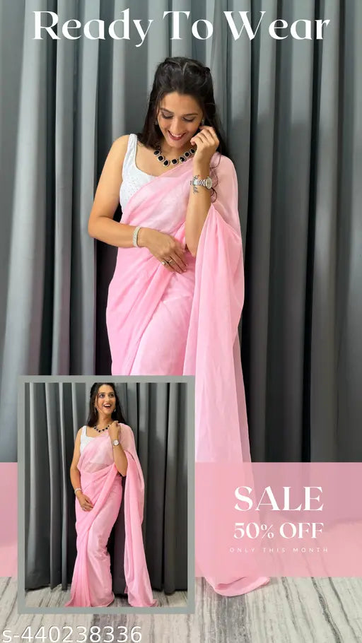 Pink georgette saree with double blouse, ready to wear