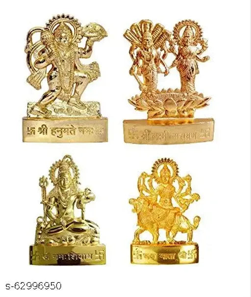 Gold-plated spiritual religious statues set: Hanuman ji, Laxmi Narayan, Shankar ji, Maa Durga ji (Standard Size)