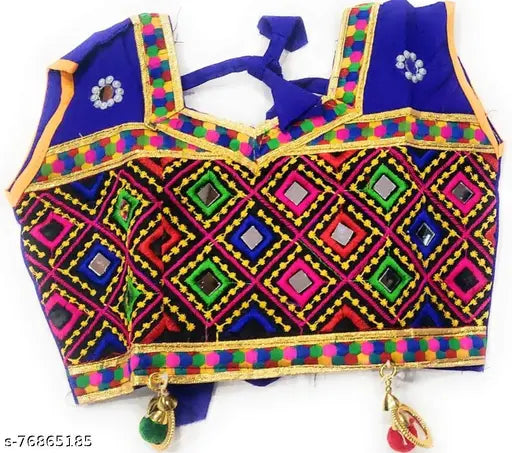 Multicolor cotton party wear Lehenga Choli set for kids, featuring embroidered and applique designs on soft cotton fabrics. Suitable for 6-7 year olds. Handcrafted in India