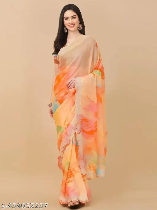 Chiffon printed saree with stone work, Malai silk blouse - exquisite Indian fashion