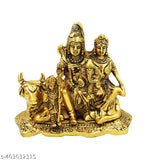 Shiv Parvati Ganesh Idol, handcrafted metal showpiece for home decor & temple, gold plated with antique finish, 14cm