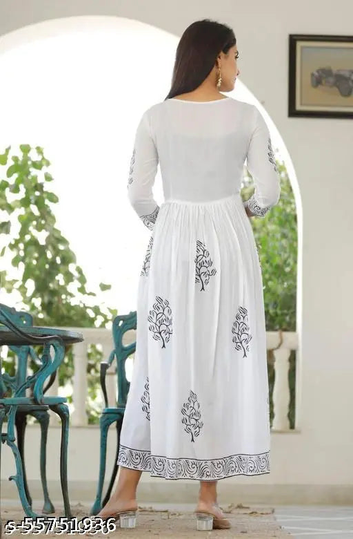 Black printed Anarkali cotton kurti, designer block print, versatile women's wear, three-quarter sleeves