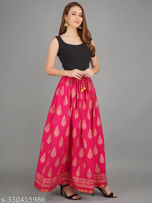 Rajasthani traditional Jaipuri women's flared long skirt, gold print, elastic waistband, full length, free size