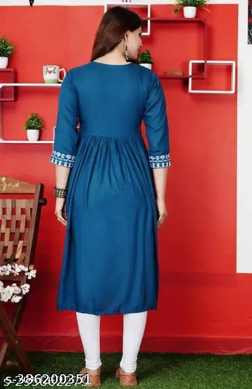 Rayon three-quarter sleeve kurti for women, solid embroidered anarkali design, trendy fashionable and comfortable Indian wear