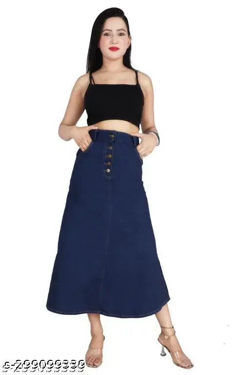 Long navy blue denim skirt with five buttons, women's clothing