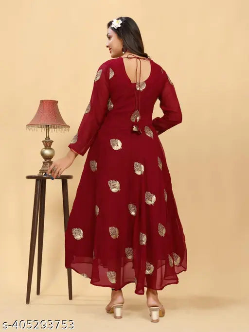 Maroon floor-length traditional women's outfit with blouse and skirt
