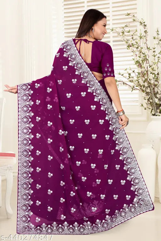 Georgette embroidered purple saree for women, traditional Indian wear