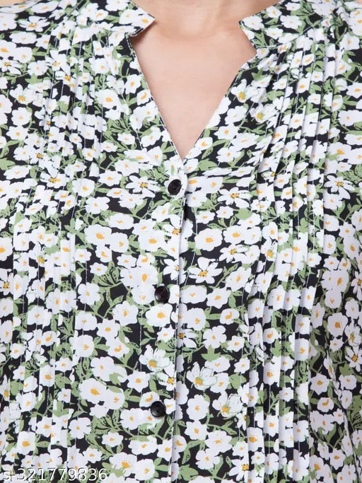 Hive91 Rayon Green Flower Tunic Front Pleats and Waist String 3/4 Sleeves Mandarin Collar Front Button Clouser.
