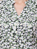Hive91 Rayon Green Flower Tunic Front Pleats and Waist String 3/4 Sleeves Mandarin Collar Front Button Clouser.