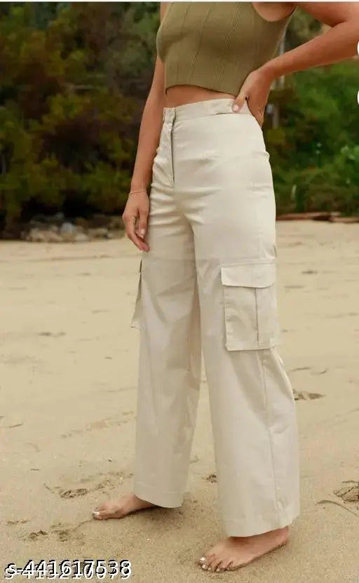 Khaki cargo pants with four pockets, front button closure