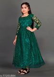 Green net ethnic gown for girls, embroidered with three-quarter sleeves. Stitched, flared 2 meters. Colors: green. Sizes available: 4-5 Years (Bust 26in, Length 34in), 5-6 Years (Bust 26in, Length 34in), and more. Made in India
