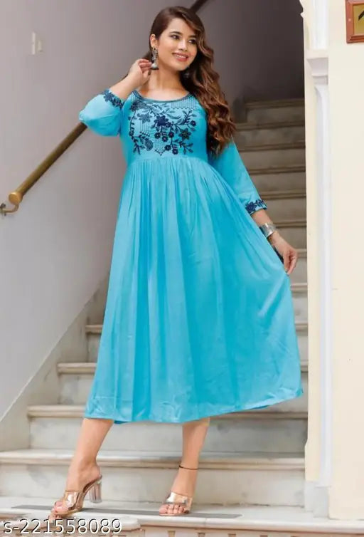 Mint blue long kurta dress with kameez, long sleeves, and embroidered borders