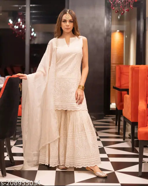 Embroidered cotton kurta with dupatta, traditional Indian women's attire