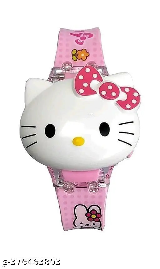 Pink Hello Kitty web shooter toy watch with rotating multicolor LED lights, adjustable band