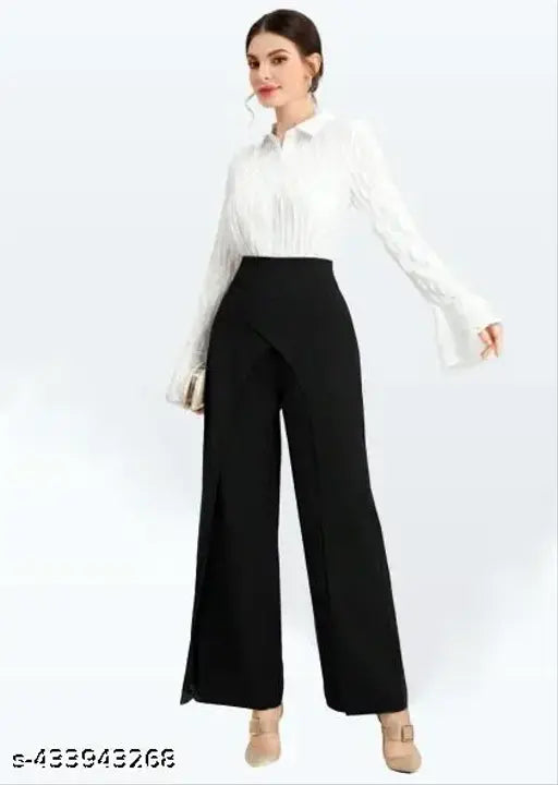 Womens casual straight-leg high waist pants in dark wash with a white shirt underneath, long sleeves