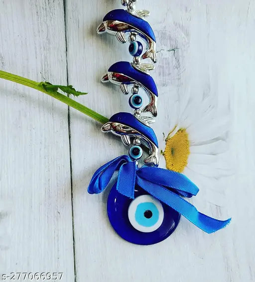 Silver three fish Feng Shui Evil Eye wall hanging for good luck, prosperity, health, wealth, office/home decor & car (Indian design)