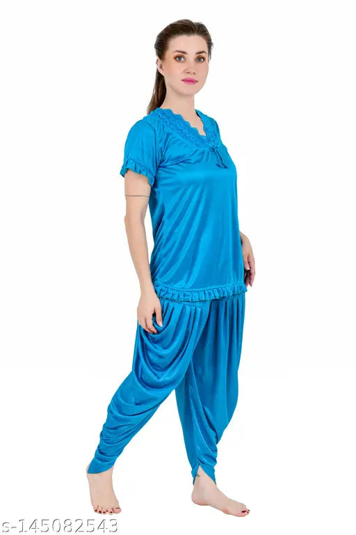 Maroon satin Wonderbella women's patiala dhoti kurta and regular top, comfortable for honeymoon, work from home, or nights