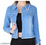 Light blue denim women's jacket by Naz Creation, dyed/washed, long sleeves, solid design