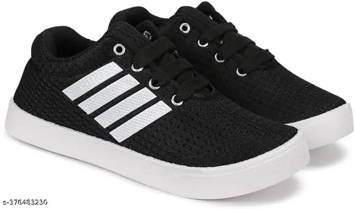 Black casual sneakers, lace up closure, white logo on side