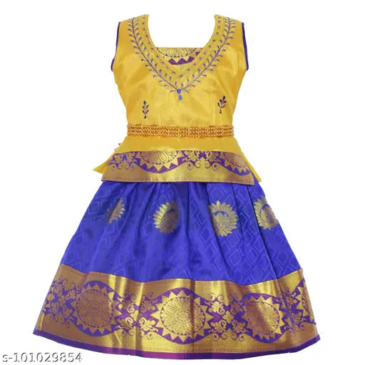 Cotton-silk Rani Pattu Girls Lehenga Choli, floral stitch design, short sleeves, festive attire for 5-8 years old children, Indian origin