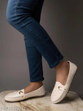 Golden synthetic slip-on bellies for women & girls, white with metal buckle detail, casual footwear from India