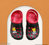 Black children's clog sandals with cartoon characters, black straps
