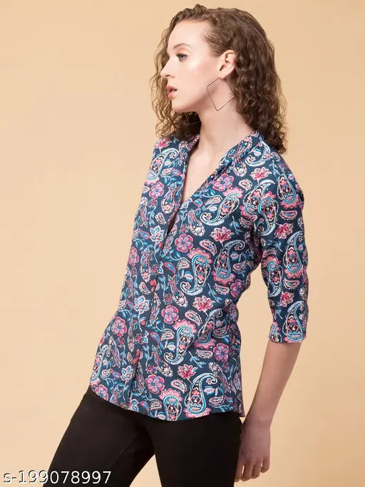 Multicolor rayon short tunic with raised Mandarin collar and three-quarter sleeves, fits S-XXL, Indian fashion for women