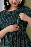 Women's rayon floral printed maternity gown/kurti with breastfeeding zippers and three-quarter sleeves, comfortable for home or casual events. Indian brand: The Lifestyle Junction