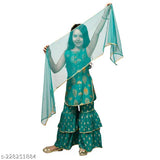 Green rayon sharara set with umbrella design, perfect for special events or everyday elegance, kids wear from H L Garments