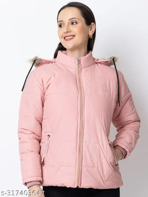 Light Pink Nylon Quilted Jacket for Women - Winter Hooded Puffer Style with Fur-Trimmed Hood and Fancy Accessories
