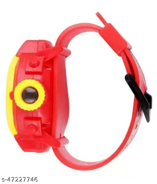 Red plastic digital watch with yellow numbers and black strap
