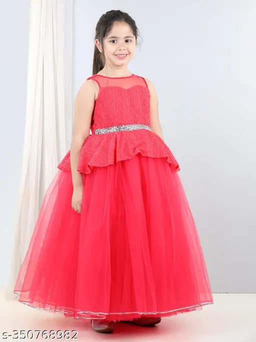 Coral net peplum party dress for kids, embellished style with full length, sleeveless, sizes from 1-12 years, Indian origin
