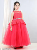 Coral net peplum party dress for kids, embellished style with full length, sleeveless, sizes from 1-12 years, Indian origin