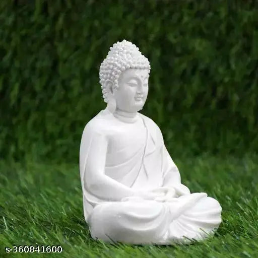 Handcrafted white resin meditating Lord Buddha statue, decorative showpiece in sitting position with Dhyan Mudra, 10x14x10 inches, ideal for home temple or gift