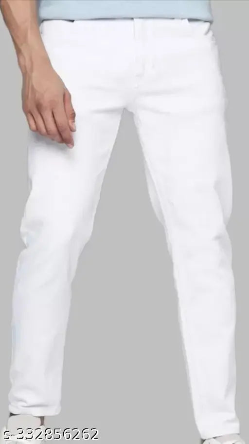 Denim men's white solid trousers, size options include 28, 30, 32, 34, and 36 inches