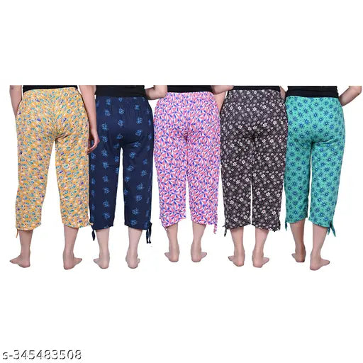 Five-piece womens cotton capri pyjama set, assorted prints may vary
