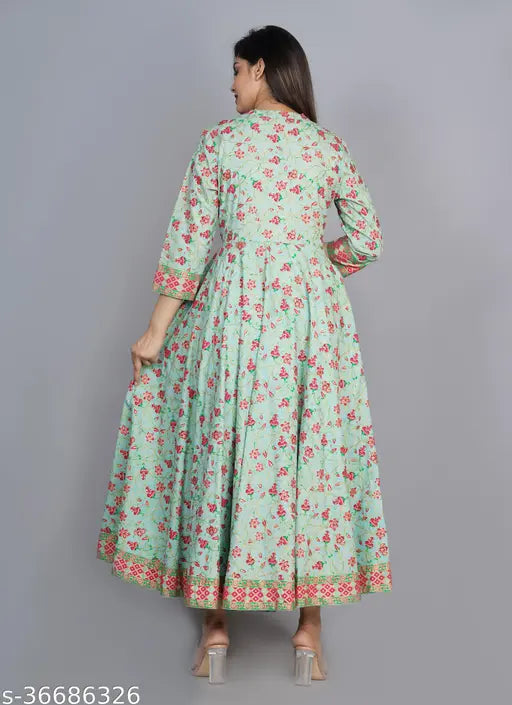 C-Green rayon flared kurta with printed combo, perfect for festive wear in three-quarter sleeves