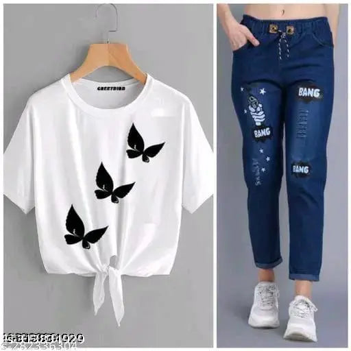 Cotton blend t-shirt and denim jogger jeans combo pack 2 - stylish women's outfit for casual wear, India