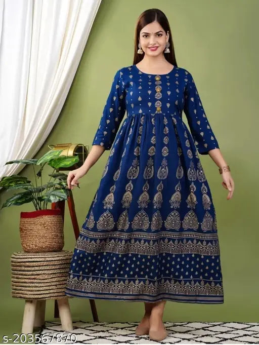 Rayon blue floral dress long sleeves formal wear women's fashion