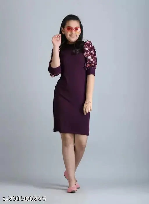 Purple cotton blend high neck dress for girls, solid design with short sleeves. Indian made