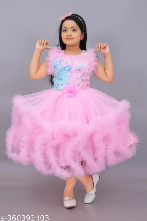 Pink net baby girl birthday party frock, embellished with fur detailing and pleated skirt, size 2-3 years