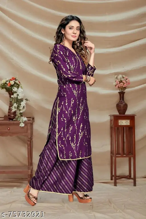 Beautiful foil-printed rayon women's straight kurta with plazo bottom, ideal for parties or weddings. Single size L (36Wx40Bx44H), XL (38Wx46H), XXL (40Wx48H)