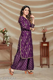 Beautiful foil-printed rayon women's straight kurta with plazo bottom, ideal for parties or weddings. Single size L (36Wx40Bx44H), XL (38Wx46H), XXL (40Wx48H)