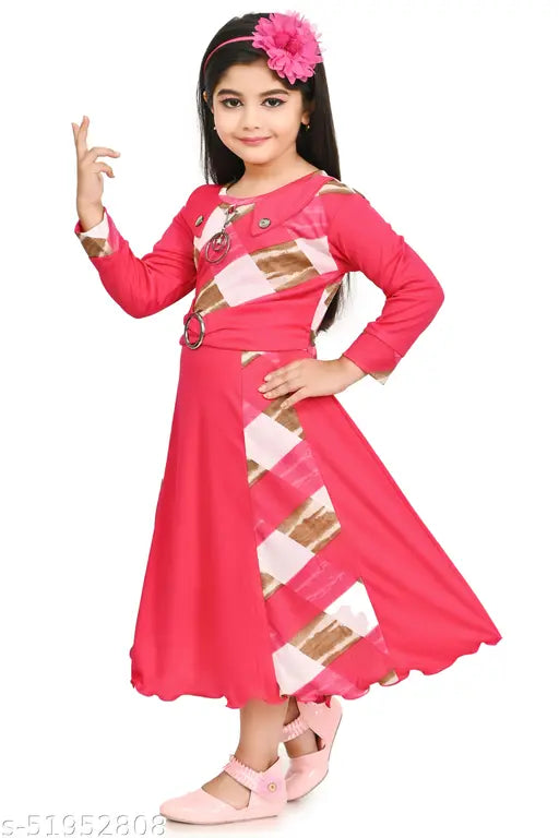 Pink and white checkered pattern children's party dress with long sleeves and round neck