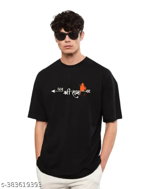 Hanuman ji oversized Hindu tshirt with 'Jai Shree Ram' print on cotton blend, men's size L