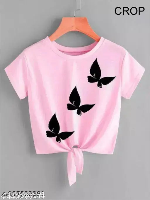 Trendy cotton crop top with short sleeves, printed net design, size L (bust 40in, length 21in), made in India