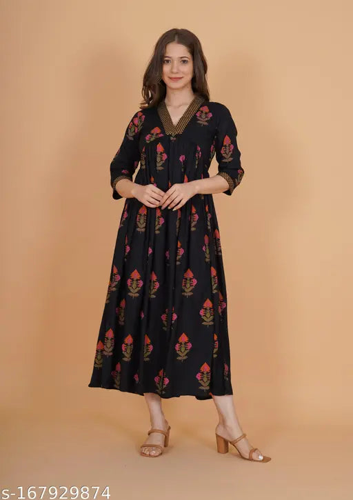Black Rayon Floral Gold Print Flared Kurta by INDIANIC - V-neck, three-quarter sleeves, versatile styling for everyday wear