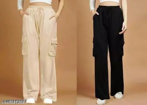 Black cotton wide-leg pants, black pants with khaki detail