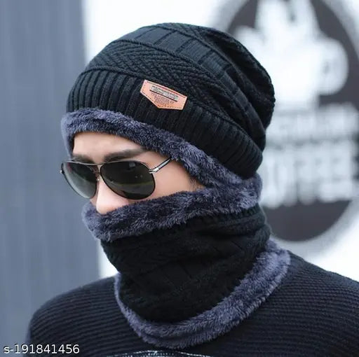 Winter beanie, woolen, clipper brand, faux fur inner side, ear warmer, neck scarf, warm hat, muffler combo