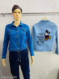 Blue denim Mickey jacket with washed effect, long sleeves, popular choice for casual wear